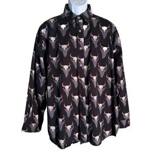 Barn Fly Men's Long Sleeve Button‎ Down Cow Skull Shirt Black Large